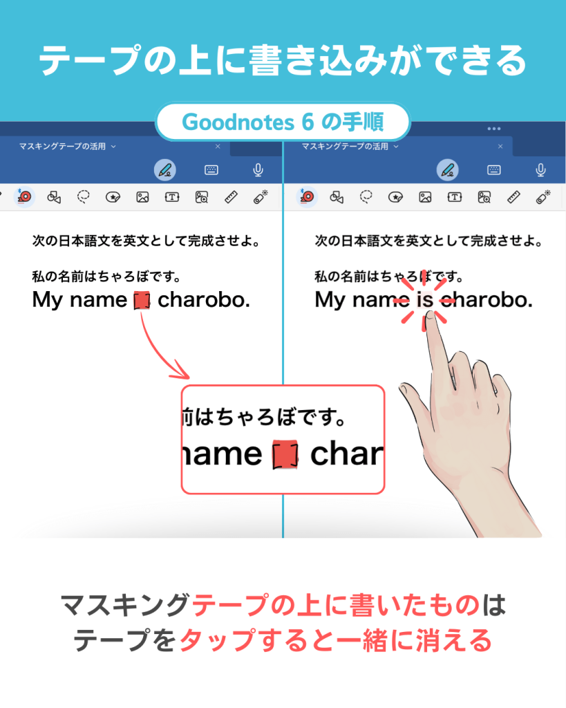 Goodnotes 6のマスキングテープで穴埋め学習する方法｜補足．マスキングテープの上に書き込みができ、テープをタップすると、テープと一緒に内容が消える